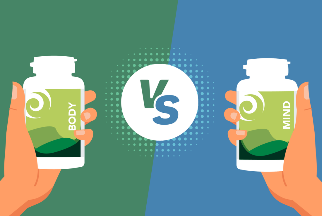 Illustration of hands holding bottle of New Earth's Body and Mind with a "versus" icon in between them.