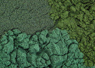 Close up of three different algae powders that are all slightly different shades of green.