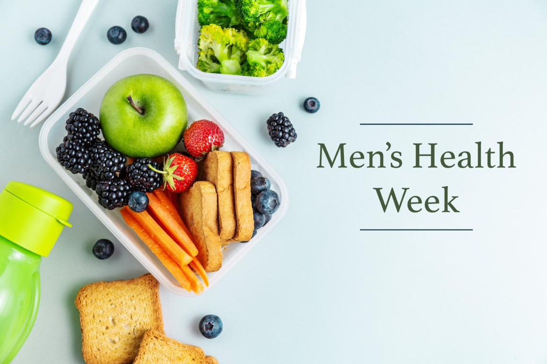 Top-down view of a healthy pre-prepped meal and green drink with a text overlay that reads "Men's Health Week."