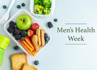 Top-down view of a healthy pre-prepped meal and green drink with a text overlay that reads "Men's Health Week."