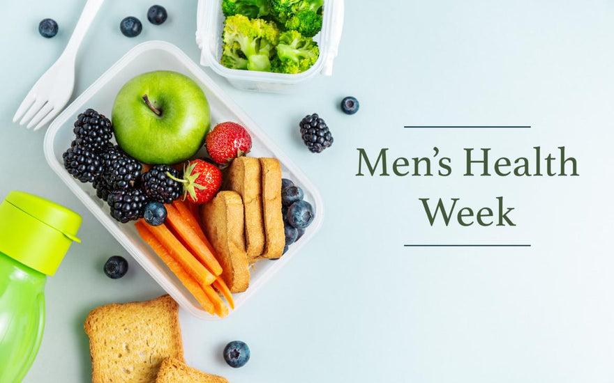 Top-down view of a healthy pre-prepped meal and green drink with a text overlay that reads "Men's Health Week."