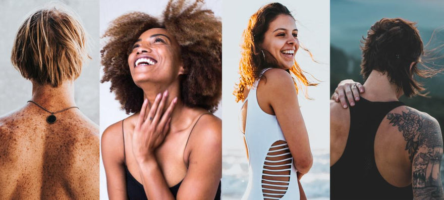 Collage of four images all depicting young adult woman who seem comfortable in their skin. 