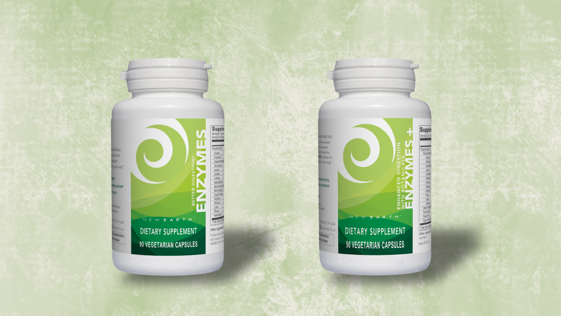 Bottles of Enzymes and Enzymes+ from New Earth on a green background
