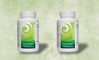 Bottles of Enzymes and Enzymes+ from New Earth on a green background