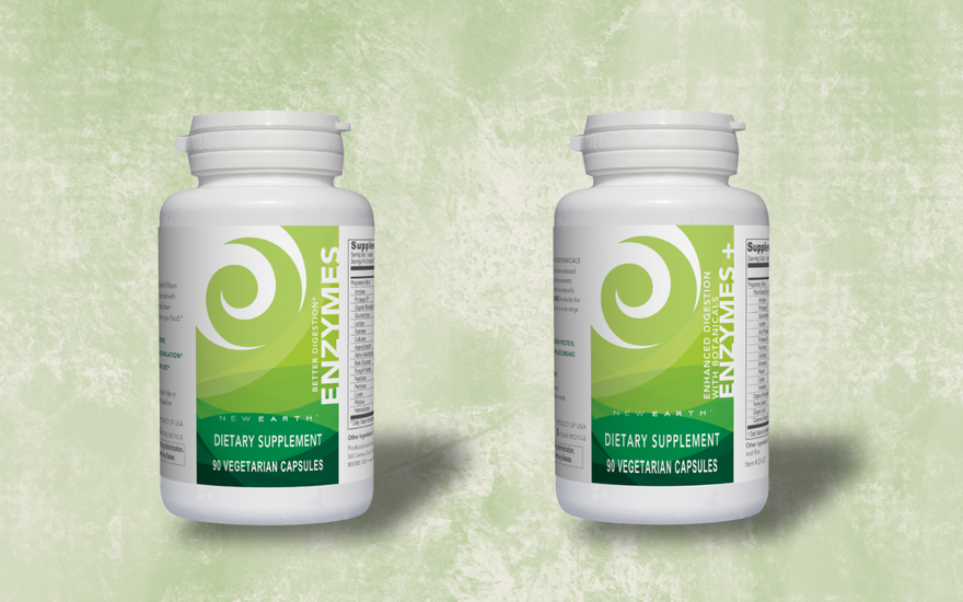 Bottles of Enzymes and Enzymes+ from New Earth on a green background