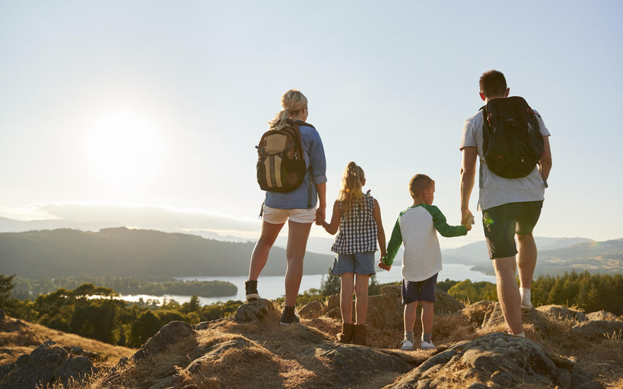 Family of four holding hands and enjoying the view from the top of the hill they just hiked.