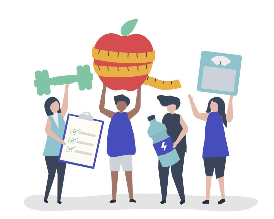 Illustration of four people holding various icons representing a healthy lifestyle, including an apple, dumbbell, and bottle of water.