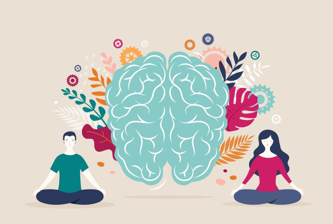 Illustration of two people meditating in front of a depiction of the human brain, which is surrounded by colorful artwork.
