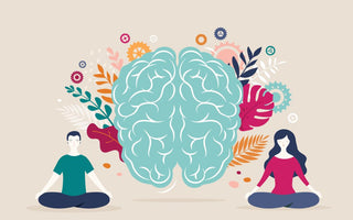 Illustration of two people meditating in front of a depiction of the human brain, which is surrounded by colorful artwork.