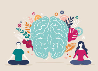 Illustration of two people meditating in front of a depiction of the human brain, which is surrounded by colorful artwork.