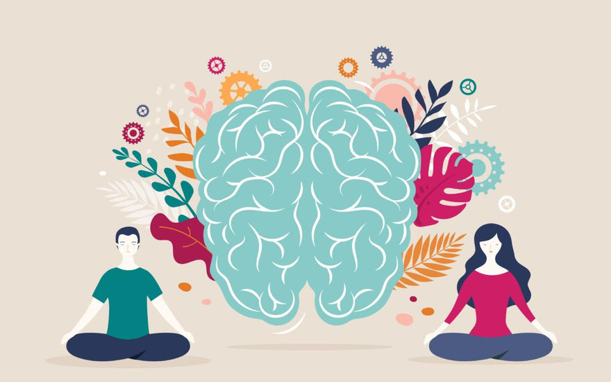 Illustration of two people meditating in front of a depiction of the human brain, which is surrounded by colorful artwork.