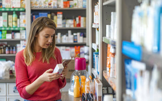 Young women in a red shirt standing in a supplement aisle reading the back of a product. 