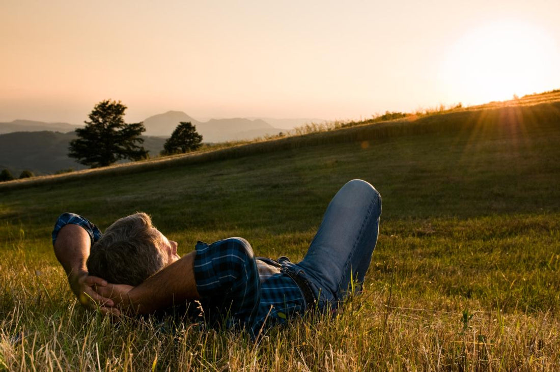 Older adult man laying in a grassy field watching the sunset. 