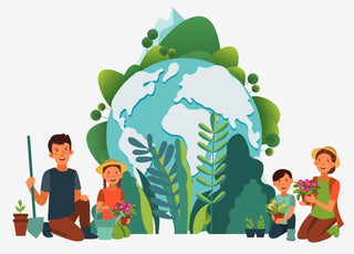 Illustration of a family of four kneeling on the ground with gardening supplies in front of a healthy, green planet Earth.