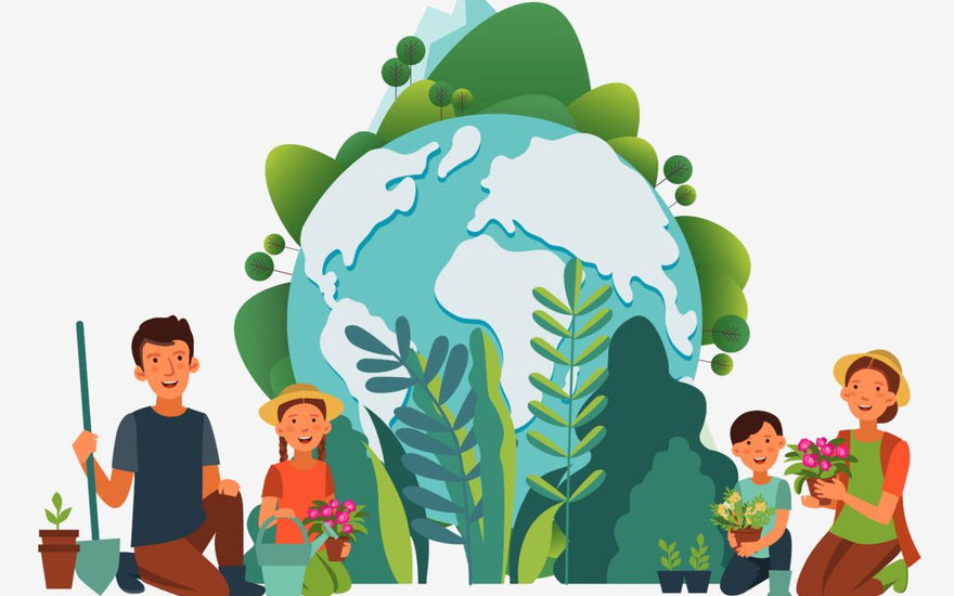 Illustration of a family of four kneeling on the ground with gardening supplies in front of a healthy, green planet Earth.