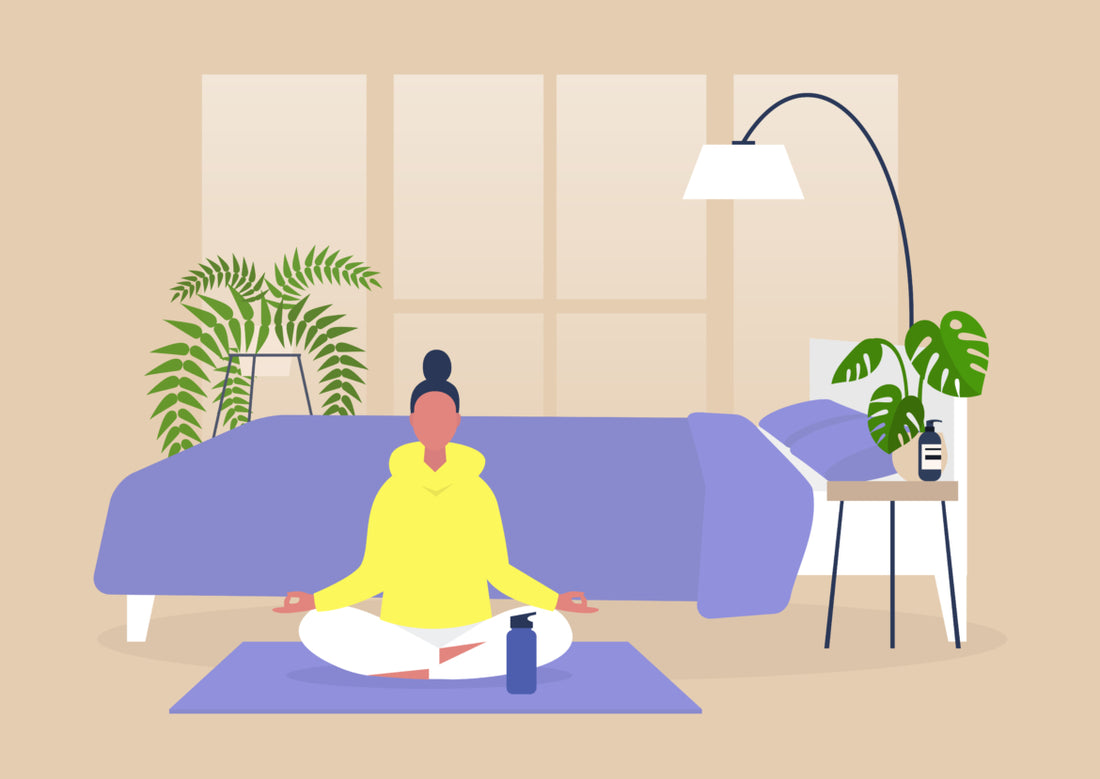 Illustration of woman sitting cross-legged on a yoga mat in front of a couch in the living room.