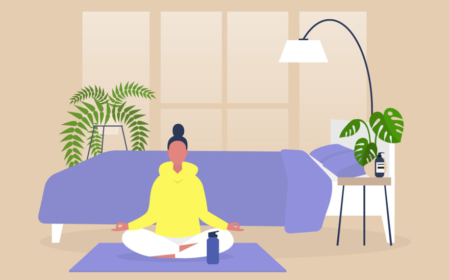 Illustration of woman sitting cross-legged on a yoga mat in front of a couch in the living room.