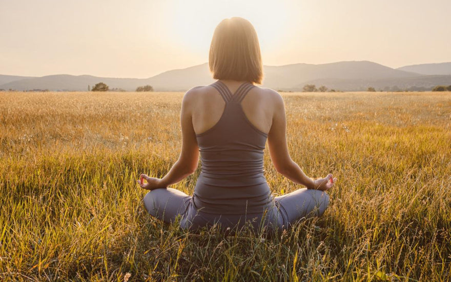 Woman sitting cross-legged with her back to the camera in a field of grass as the sun sets.