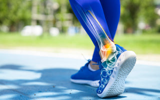 Close up of a woman's feet and lower legs while she is walking with a digital overlay showing the positioning of the bones and joints. 