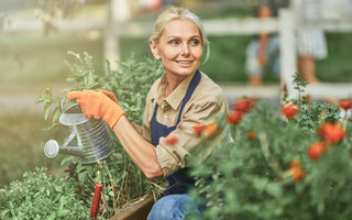 Middle-aged woman using a metal watering can to water her flower garden.