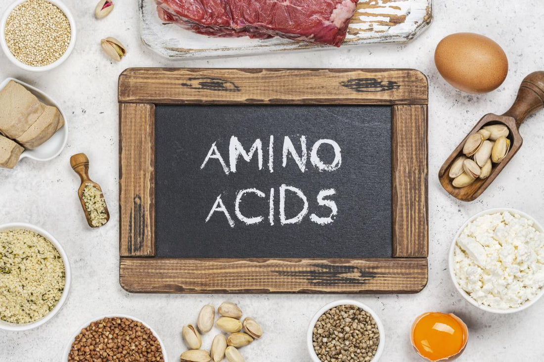 Chalkboard with amino acids written on it laying on a table with protein-rich foods surrounding it.