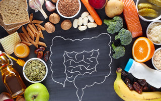 Image of the gut drawn in chalk on a black background. The drawn image is surrounded by healthy foods including salmon, fruits, vegetables, and whole wheat pasta.