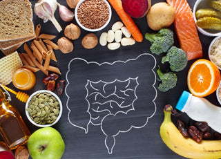 Image of the gut drawn in chalk on a black background. The drawn image is surrounded by healthy foods including salmon, fruits, vegetables, and whole wheat pasta.