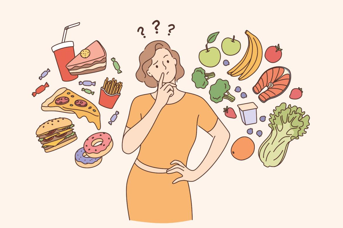 Illustration of a women with various foods floating around her as she sits in consideration.