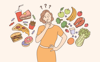 Illustration of a women with various foods floating around her as she sits in consideration.