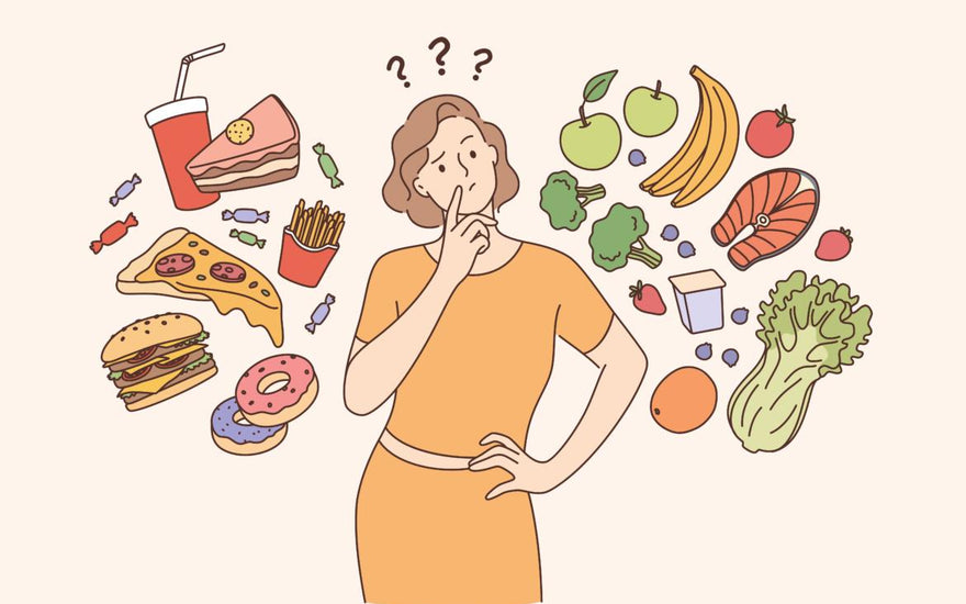 Illustration of a women with various foods floating around her as she sits in consideration.
