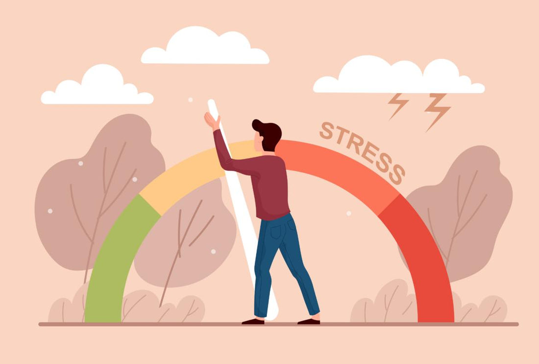 Illustration of a person moving the needle on a stress scale.