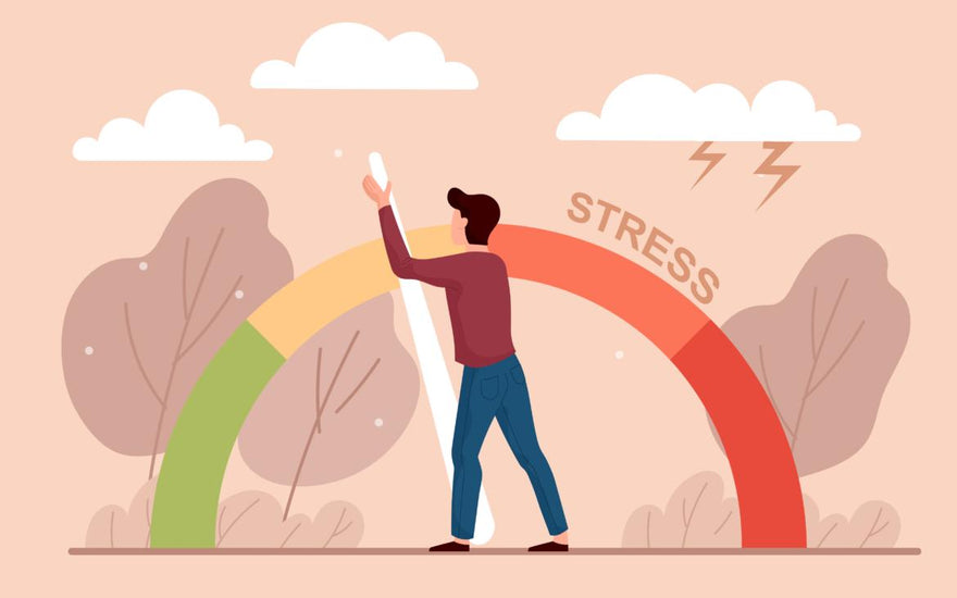 Illustration of a person moving the needle on a stress scale.