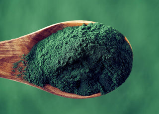 Wooden spoon with a scoop of green algae powder. 