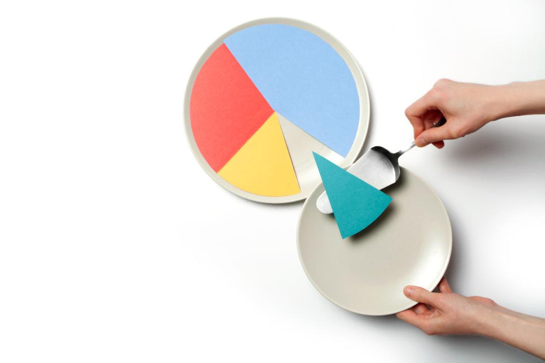 Hands using a pie server to transfer a piece of colored paper from a pie chart to a plate.