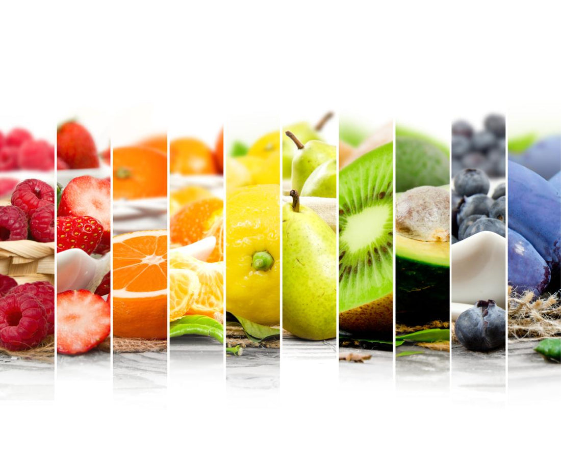 Collage of bright, colorful fruits in rainbow order. 