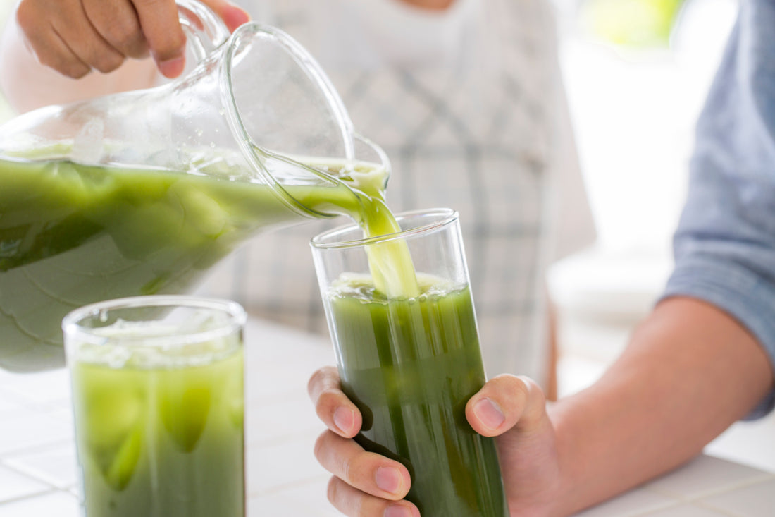 One person holding a pitcher full of homemade green juice pouring some of the contents into a glass that is held by someone else. 