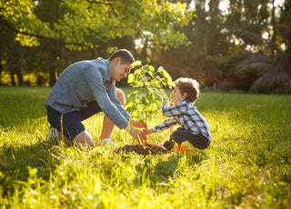 Father and son planting a small tree together.