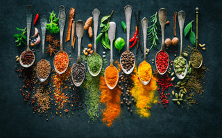 Eleven metal spoons on a black background each filled with a different herb or spice and surrounded by the foods used to create those powders.