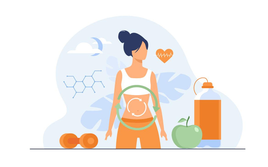 Illustration of a female surrounded by health-related icons like a water bottle and dumbbell. 