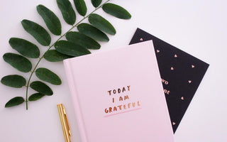 Pink gratitude journal laying on a tabletop next to a gold pen and a piece of greenery from a plant.