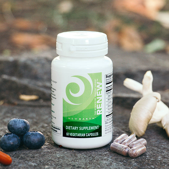 Bottle of New Earth's Renew sitting on a flat rock next to a few blueberries and Renew capsules. 